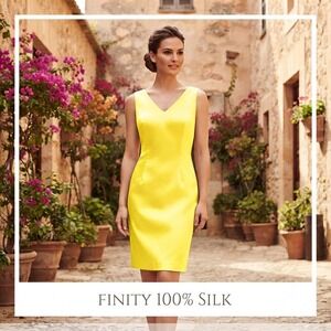 Finity Womens Size 8 Yellow 100% Silk V-Neck Sleeveless Sheath Cocktail Dress